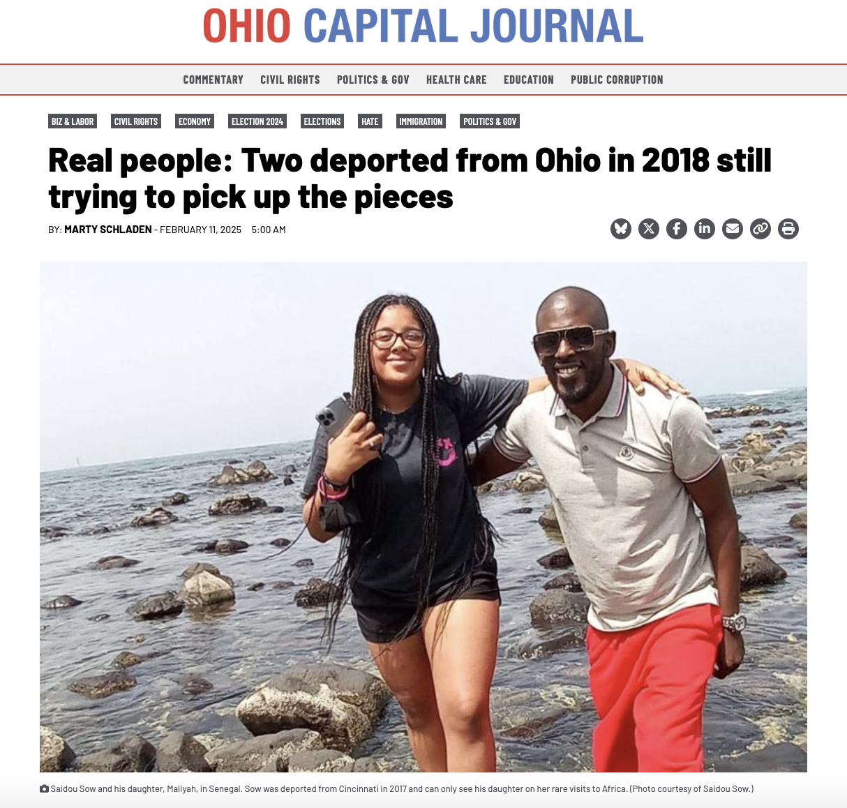 The Ohio Capital Journal masthead appears in red and blue, followed by the headline of the article and a photo of a teenage girl in a black shorts outfit and Black man wearing a gray shirt and red pants, standing on rocks in water.